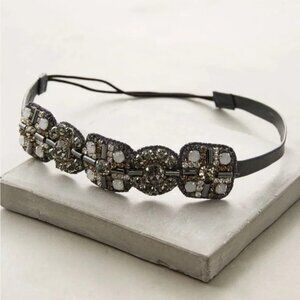 Anthropologie Gunmetal Grey Leather Medallion Crystal Elastic Statement Headband
